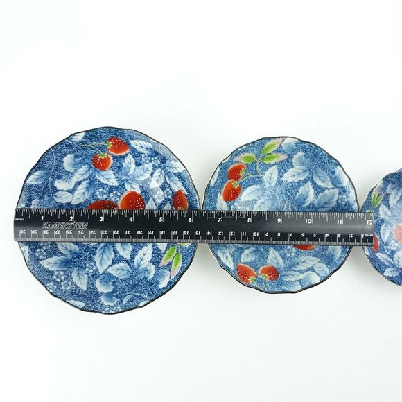 Andrea By Sadek Vintage Blue Floral Leaf & Strawberry Design Bowls Set Of 3 - Picture 10 of 12